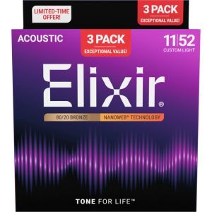 Elixir 16564 Bronze Nanoweb Custom Ligh 11-52 3-Pack