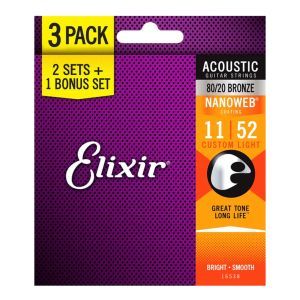 Elixir Nanoweb 3-Pack Custom Light 80/20 Bronze 11-52